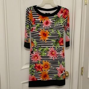 Stretchy floral striped midi dress with 3/4 sleeves.